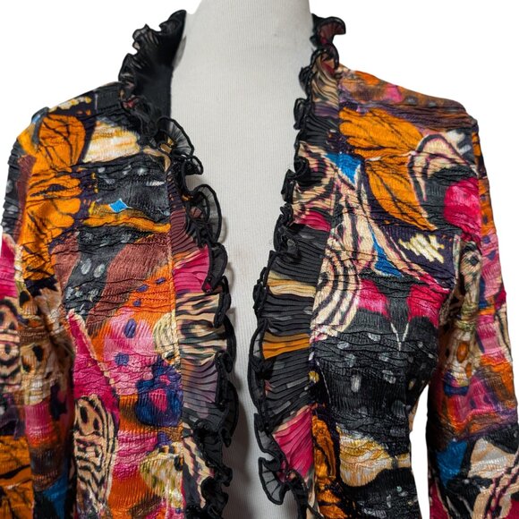 Alberto Makali Womens Size L Crinkle Abstract Butterflies Ruffle Open Front Top - Picture 5 of 9